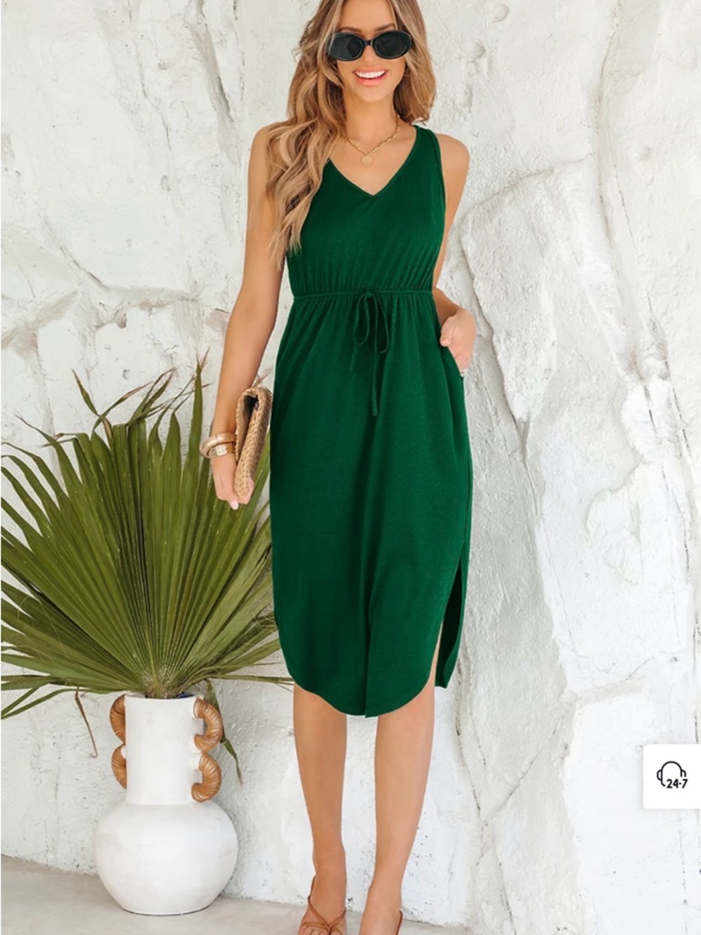 Cupshe Dark Green V-Neck Tie-Waist Midi Dress S NWT - Picture 3 of 6